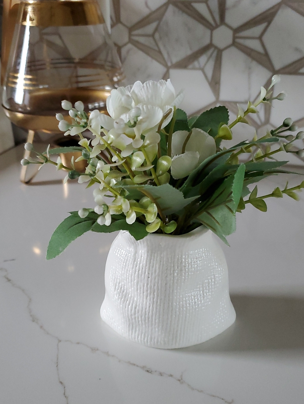 Small White Ceramic Textured Vase with Faux Greenery - Home Accents
